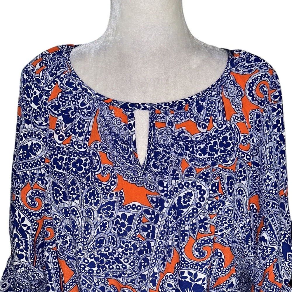 Trina Turk Silk Navy Blue & Orange Paisley Printed Cutout Ruffle Blouse - S - Picture 2 of 11